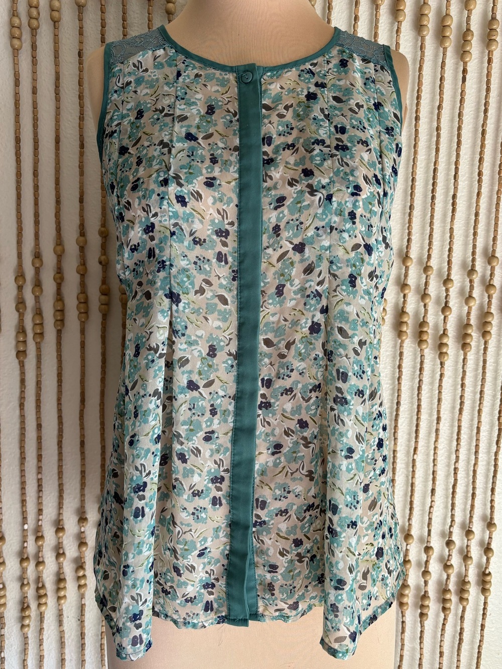 Romy Blue Green Floral Cottage Semi Sheer Chiffon Button Down Lightweight Blouse